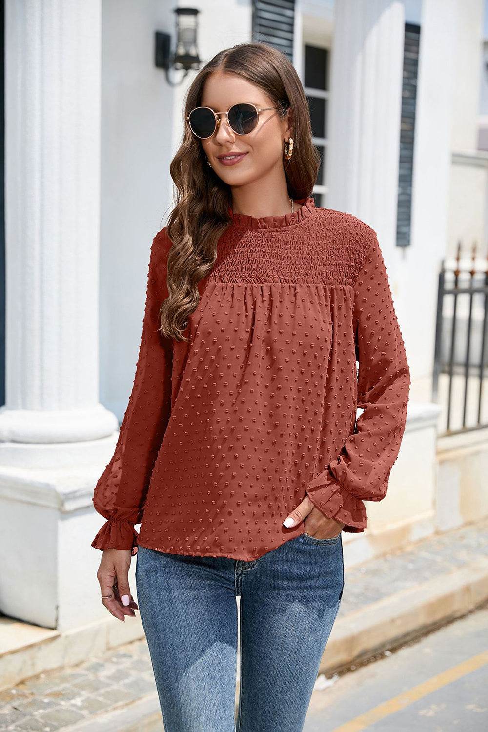 Smocked Mock Neck Swiss Dot Top Ochre for a perfect OOTD – dress to impress outfits from Amexza