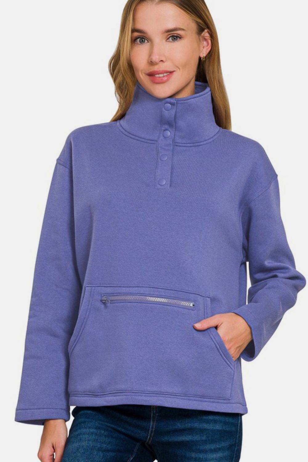 Zenana Turtleneck Half Snap Fleece Sweatshirt Blue Purple for a perfect OOTD – dress to impress outfits from Amexza