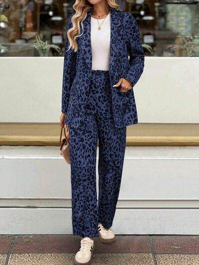 Full Size Leopard Lapel Collar Long Sleeve Blazer and Pants Set - Amexza