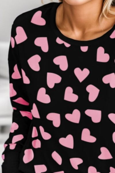 Heart Print Round Neck Top and Shorts Lounge Set for a perfect OOTD – dress to impress outfits from Amexza