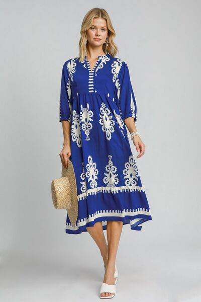 Umgee Printed Notched Midi Dress Royal Blue for a perfect OOTD – dress to impress outfits from Amexza