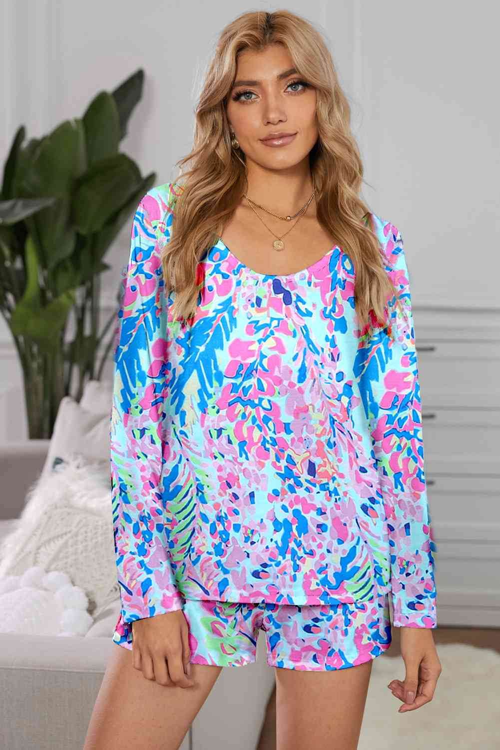 Round Neck Printed Top and Shorts Lounge Set Sky Blue for a perfect OOTD – dress to impress outfits from Amexza
