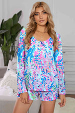 Round Neck Printed Top and Shorts Lounge Set Sky Blue for a perfect OOTD – dress to impress outfits from Amexza