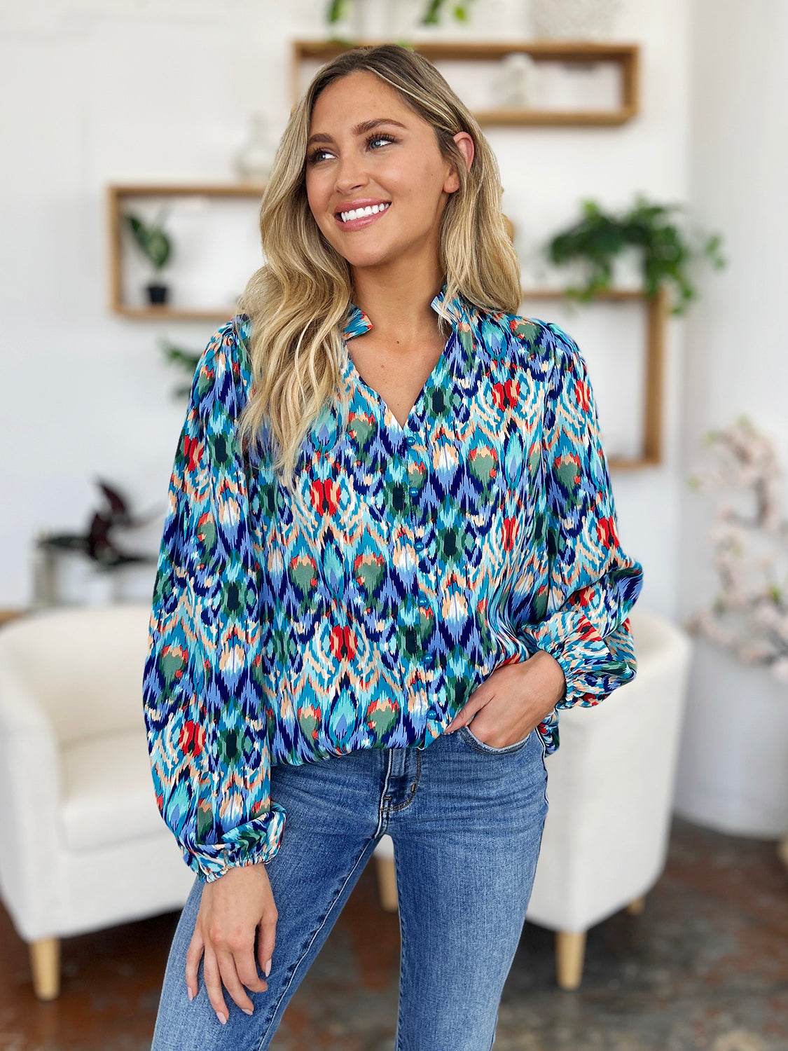 Double Take Full Size Printed Balloon Sleeve Blouse for a perfect OOTD – dress to impress outfits from Amexza