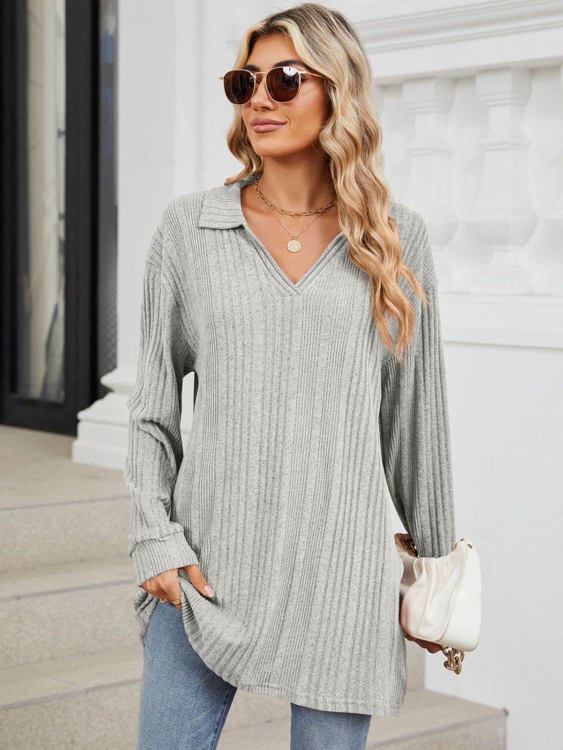 Slit Johnny Collar Long Sleeve T-Shirt Light Gray for a perfect OOTD – dress to impress outfits from Amexza