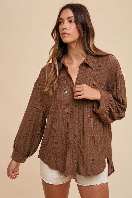 Annie Wear Openwork Button Down Drop Shoulder Shirt for a perfect OOTD – dress to impress outfits from Amexza