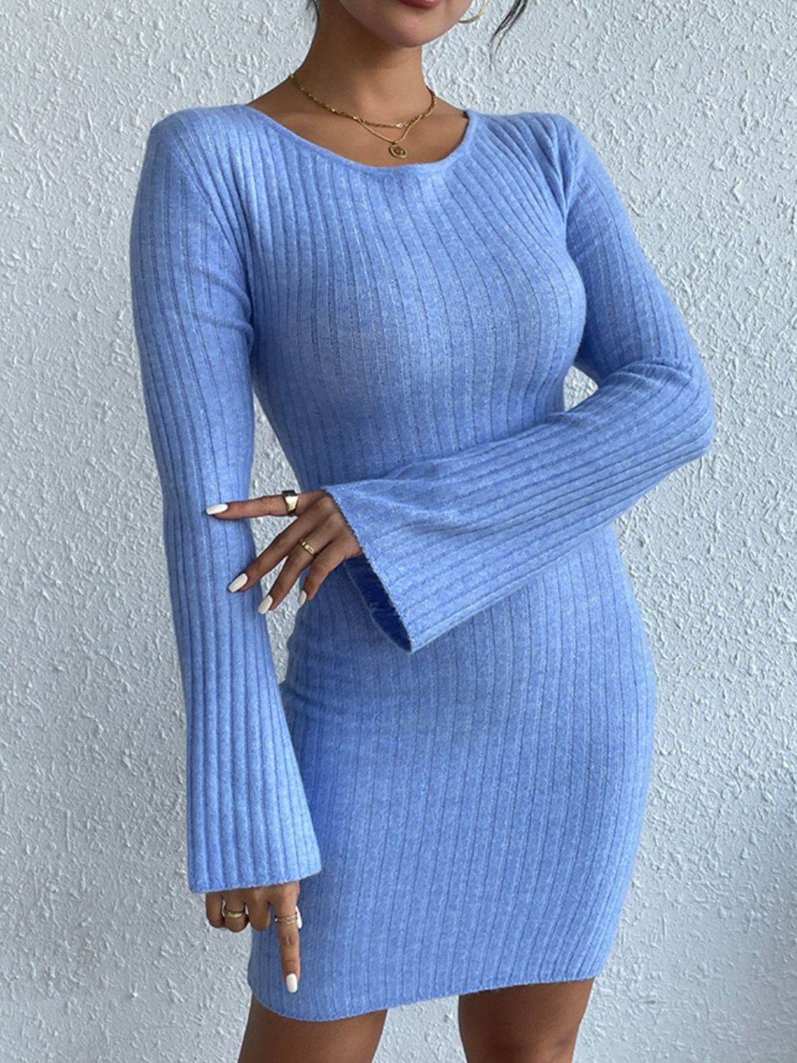 Backless Round Neck Long Sleeve Sweater Dress for a perfect OOTD – dress to impress outfits from Amexza