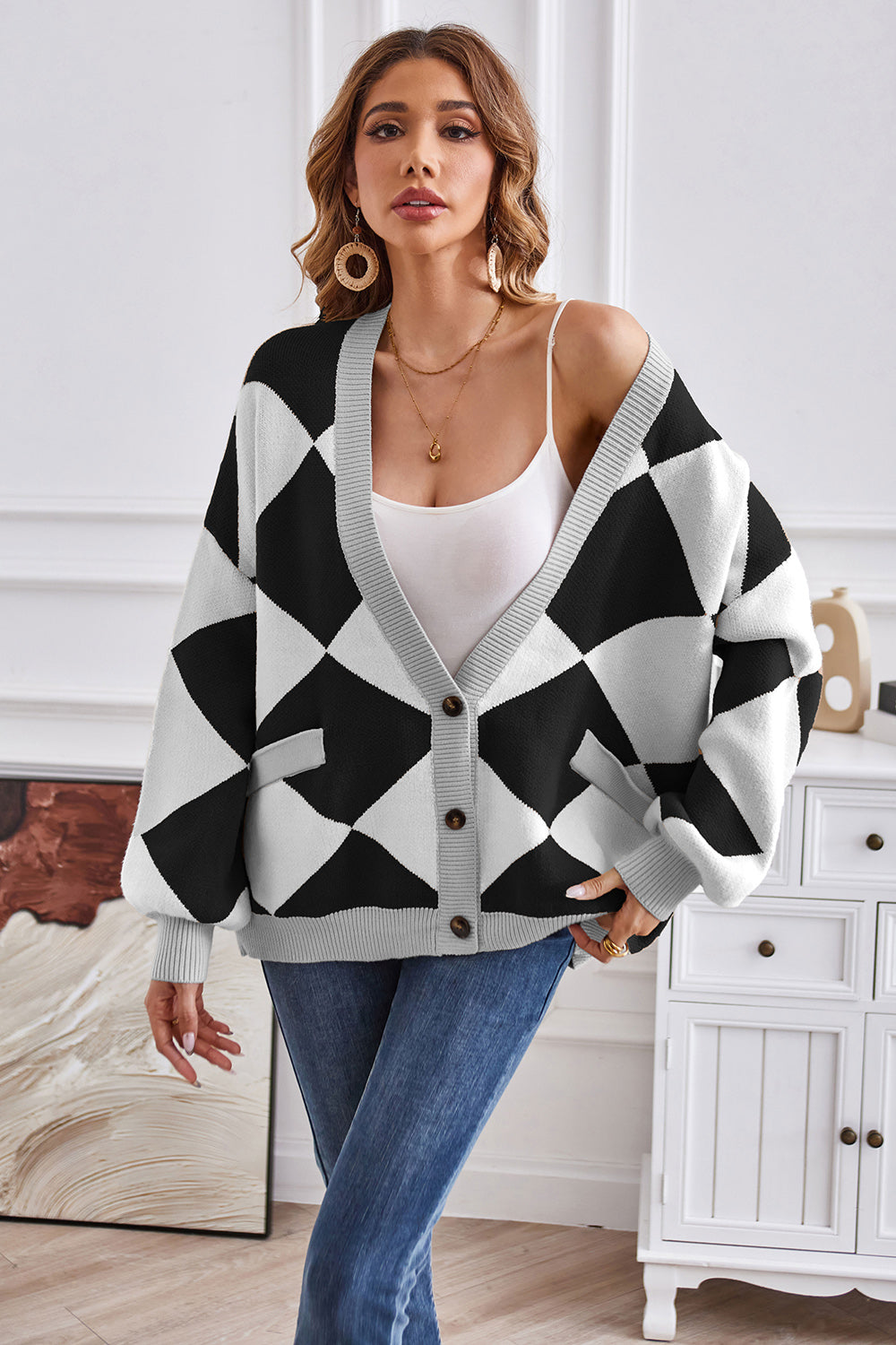 Geometric Lantern Sleeve Cardigan with Pockets for a perfect OOTD – dress to impress outfits from Amexza