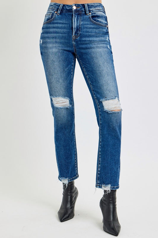 RISEN Full Size High Rise Distressed Crop Straight Jeans - Dark / 0(24)