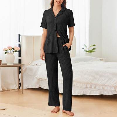 Button Down Long Sleeve Top and Pants Lounge Set - Amexza