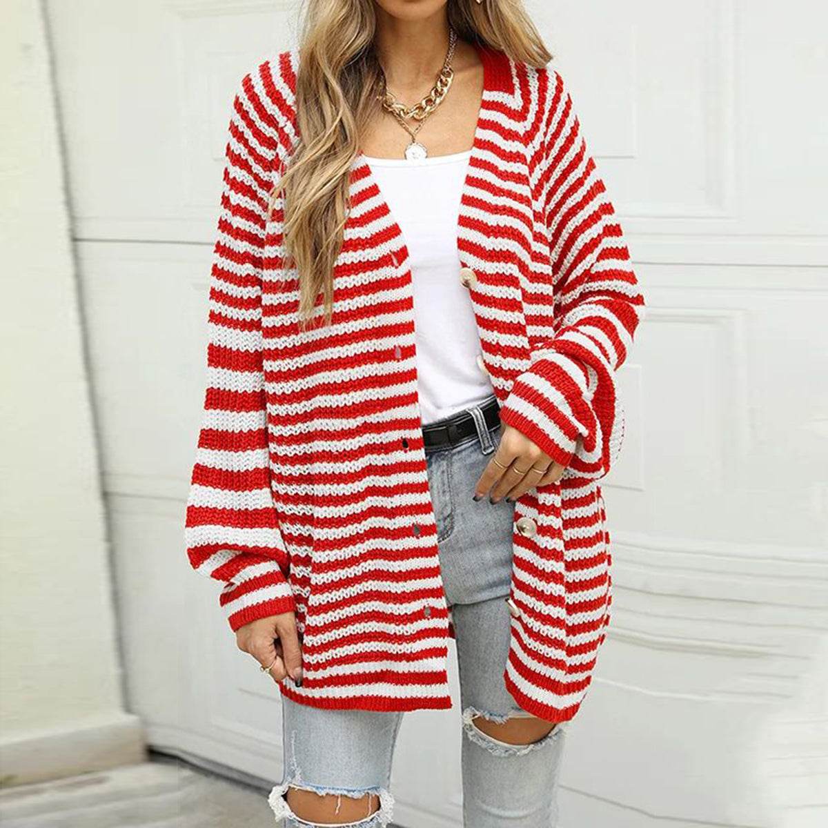 Striped Button Down Long Sleeve Cardigan - Amexza