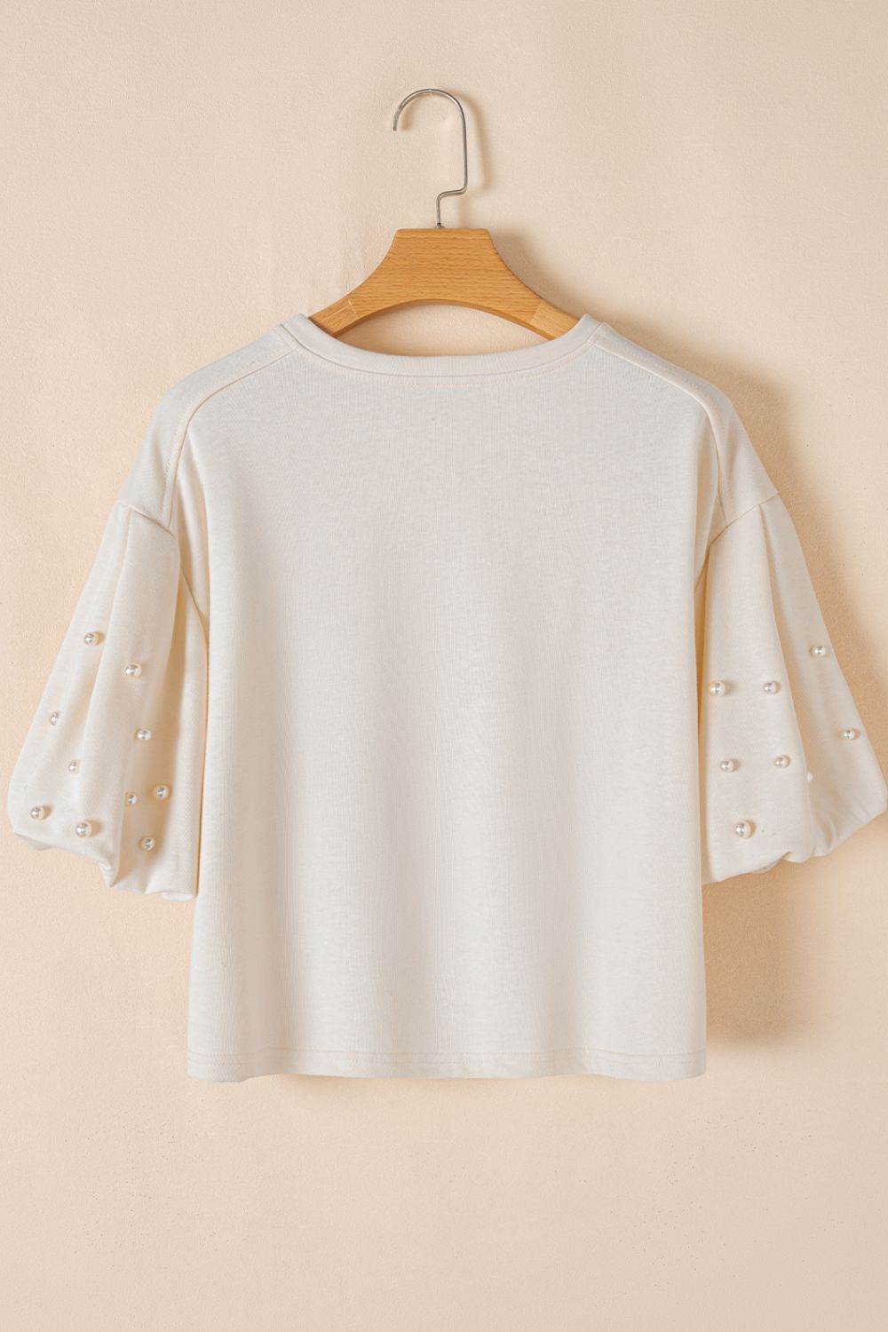 Pearl Detail Round Neck Half Sleeve Blouse - Amexza