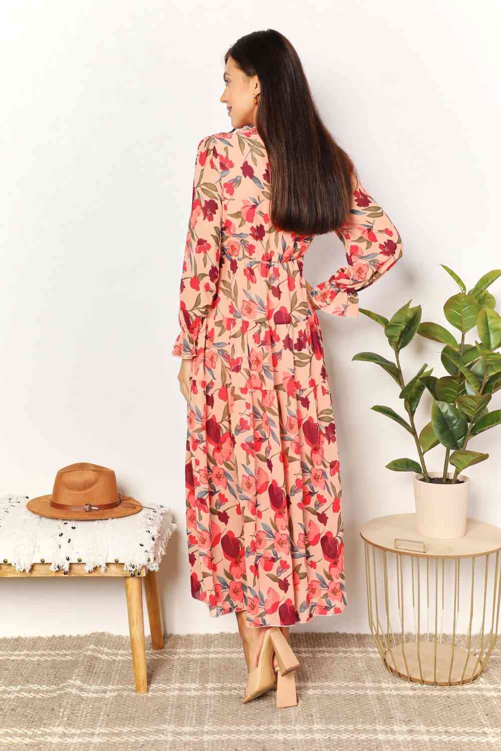 Double Take Floral Frill Trim Flounce Sleeve Plunge Maxi Dress for a perfect OOTD – dress to impress outfits from Amexza