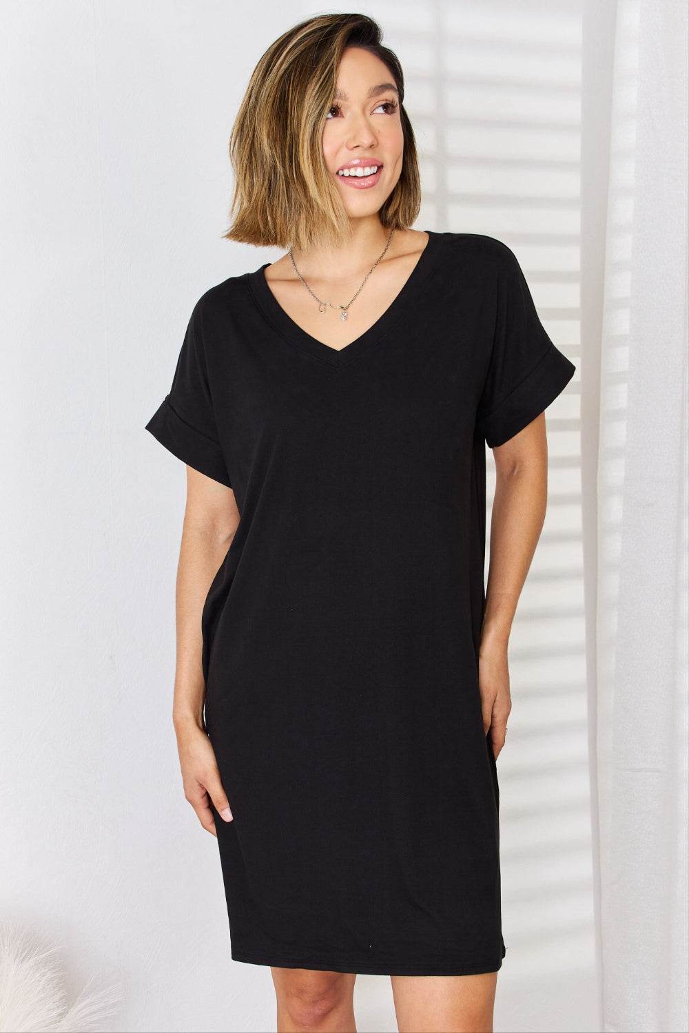 Zenana Full Size Rolled Short Sleeve V-Neck Dress Black for a perfect OOTD – dress to impress outfits from Amexza