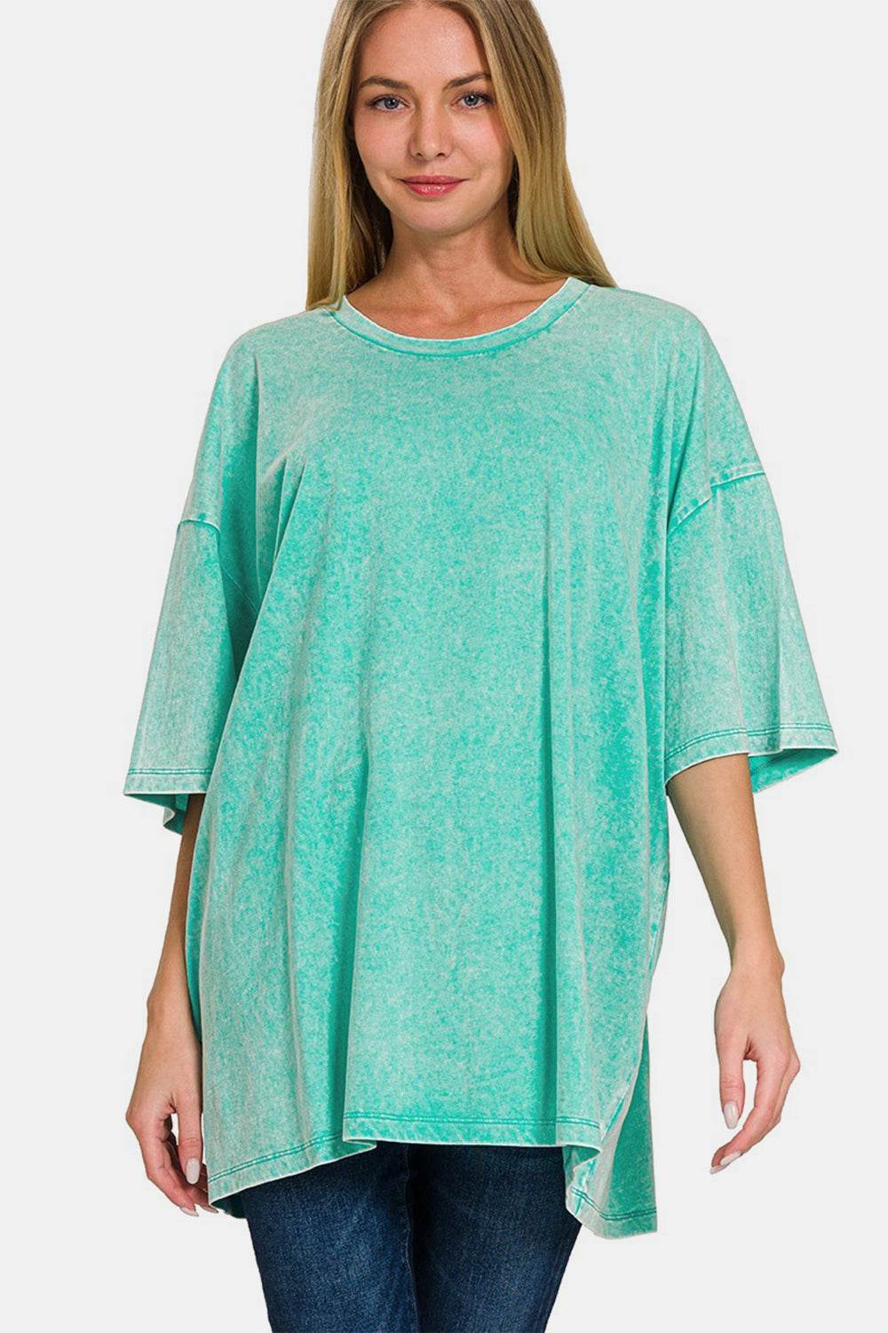 Zenana Full Size Washed Round Neck Drop Shoulder Oversized T-Shirt Turquoise for a perfect OOTD – dress to impress outfits from Amexza