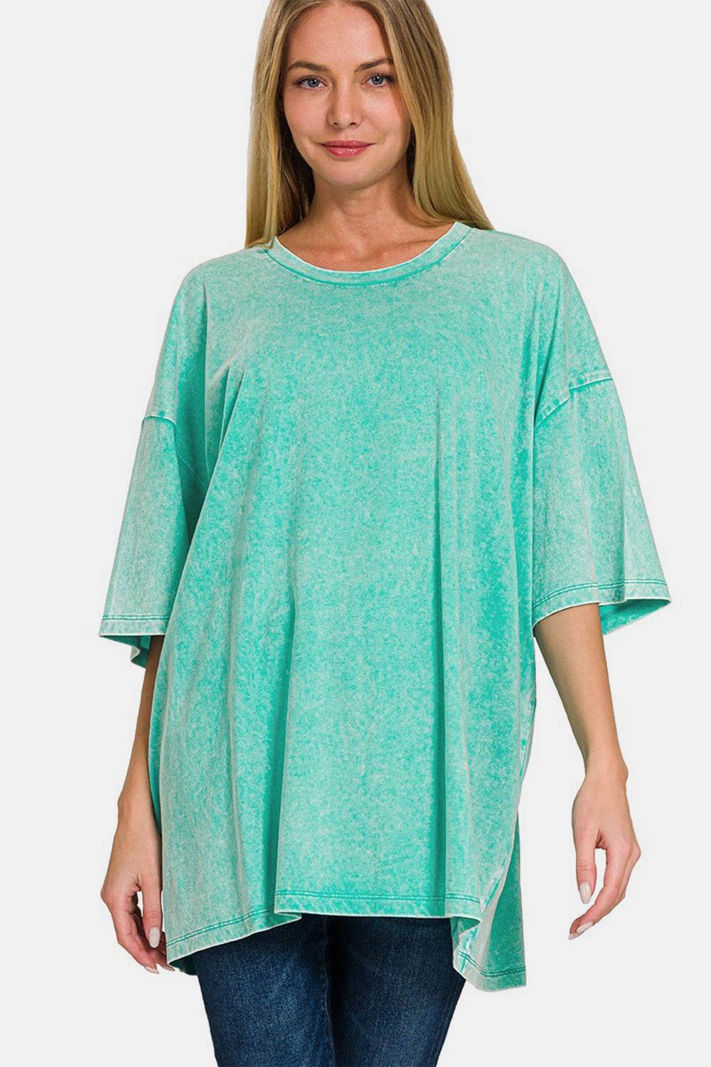 Zenana Full Size Washed Round Neck Drop Shoulder Oversized T-Shirt - Amexza