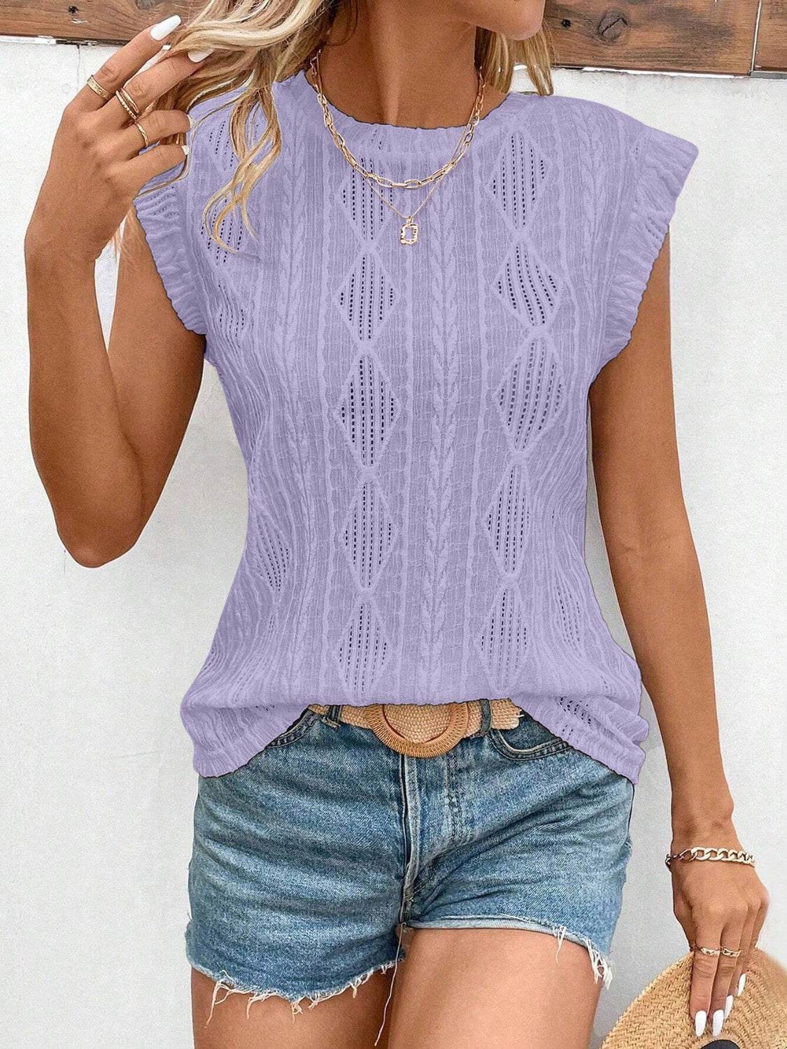 Openwork Round Neck Cap Sleeve Top - Amexza
