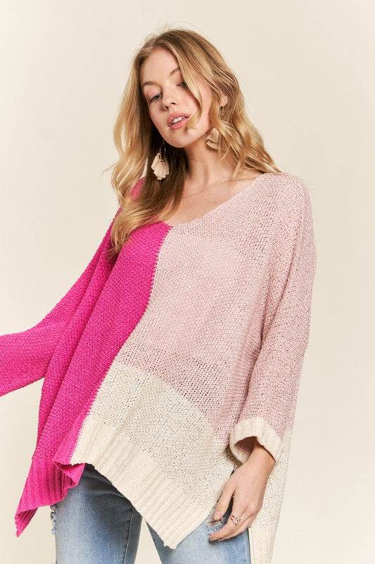 ADORA Side Slit Color Block Long Sleeve Sweater Hot Pink for a perfect OOTD – dress to impress outfits from Amexza