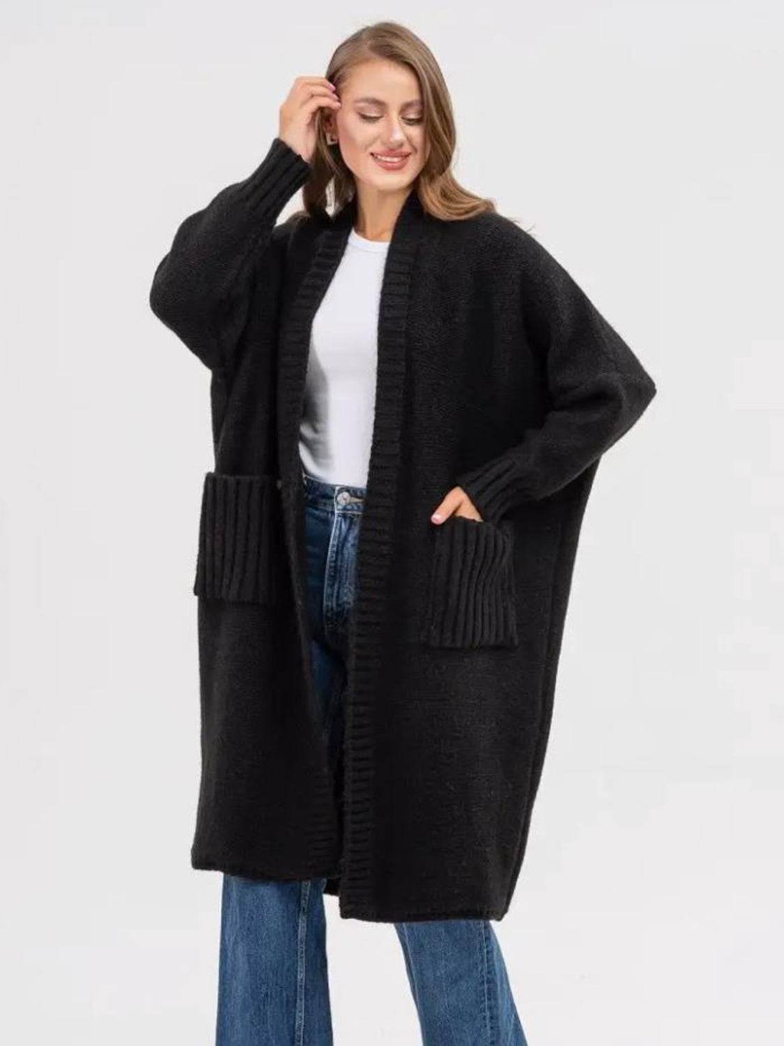 Pocketed Open Front Long Sleeve Longline Cardigan - Amexza