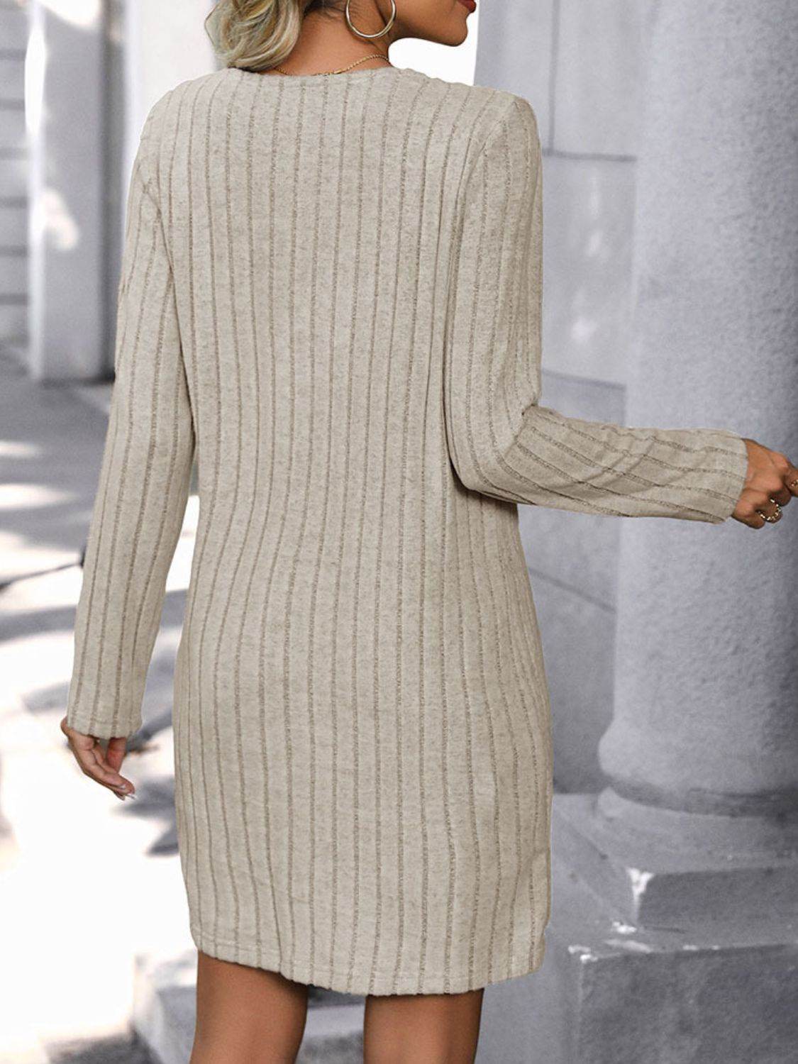 Perfee V-Neck Long Sleeve Knit Dress for a perfect OOTD – dress to impress outfits from Amexza