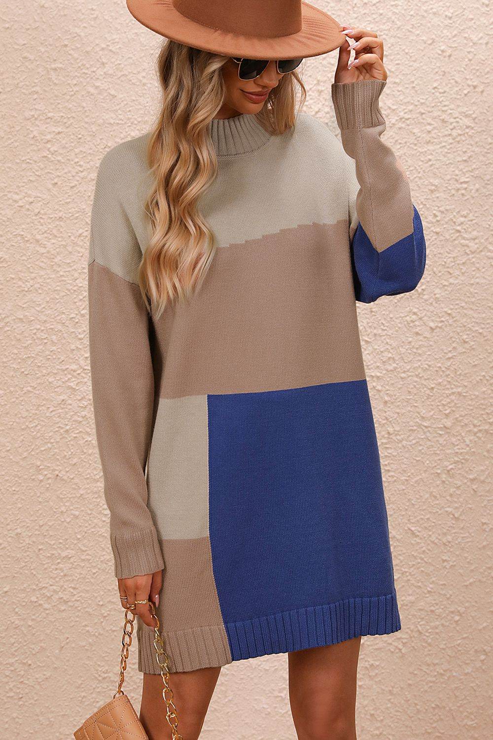 Color Block Mock Neck Dropped Shoulder Sweater Dress Camel for a perfect OOTD – dress to impress outfits from Amexza