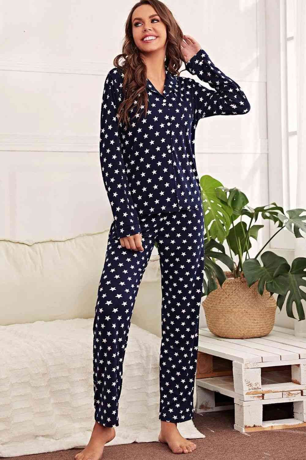 Star Print Button-Up Shirt and Pants Lounge Set Navy for a perfect OOTD – dress to impress outfits from Amexza