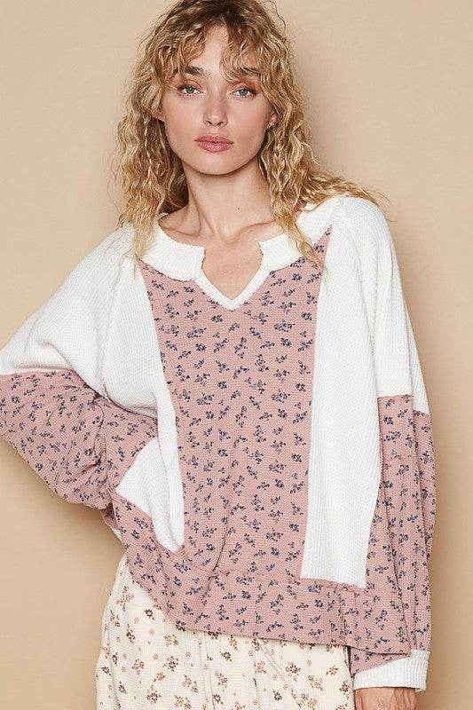 POL Waffle Knit Floral Notched Long Sleeve Top - Amexza