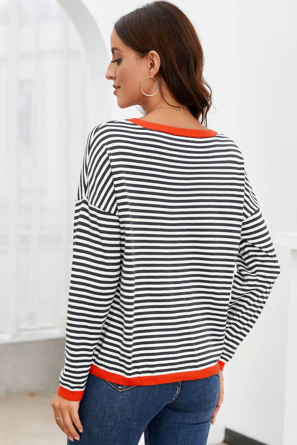 Striped Round Neck Drop Shoulder T-Shirt for a perfect OOTD – dress to impress outfits from Amexza