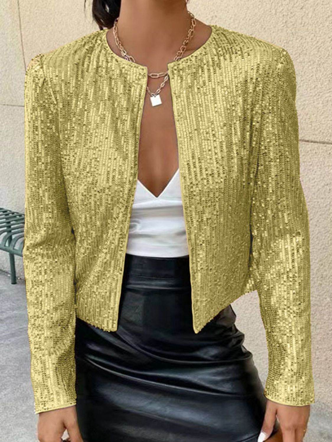 Full Size Sequin Open Front Cropped Jacket for a perfect OOTD – dress to impress outfits from Amexza