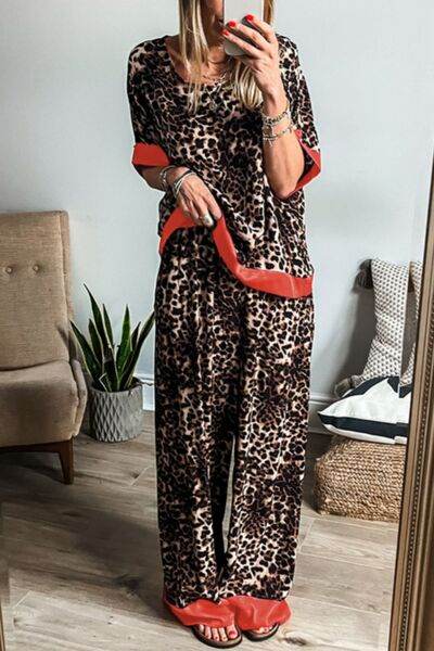 Contrast Trim Leopard Round Neck Top and Pants Lounge Set for a perfect OOTD – dress to impress outfits from Amexza