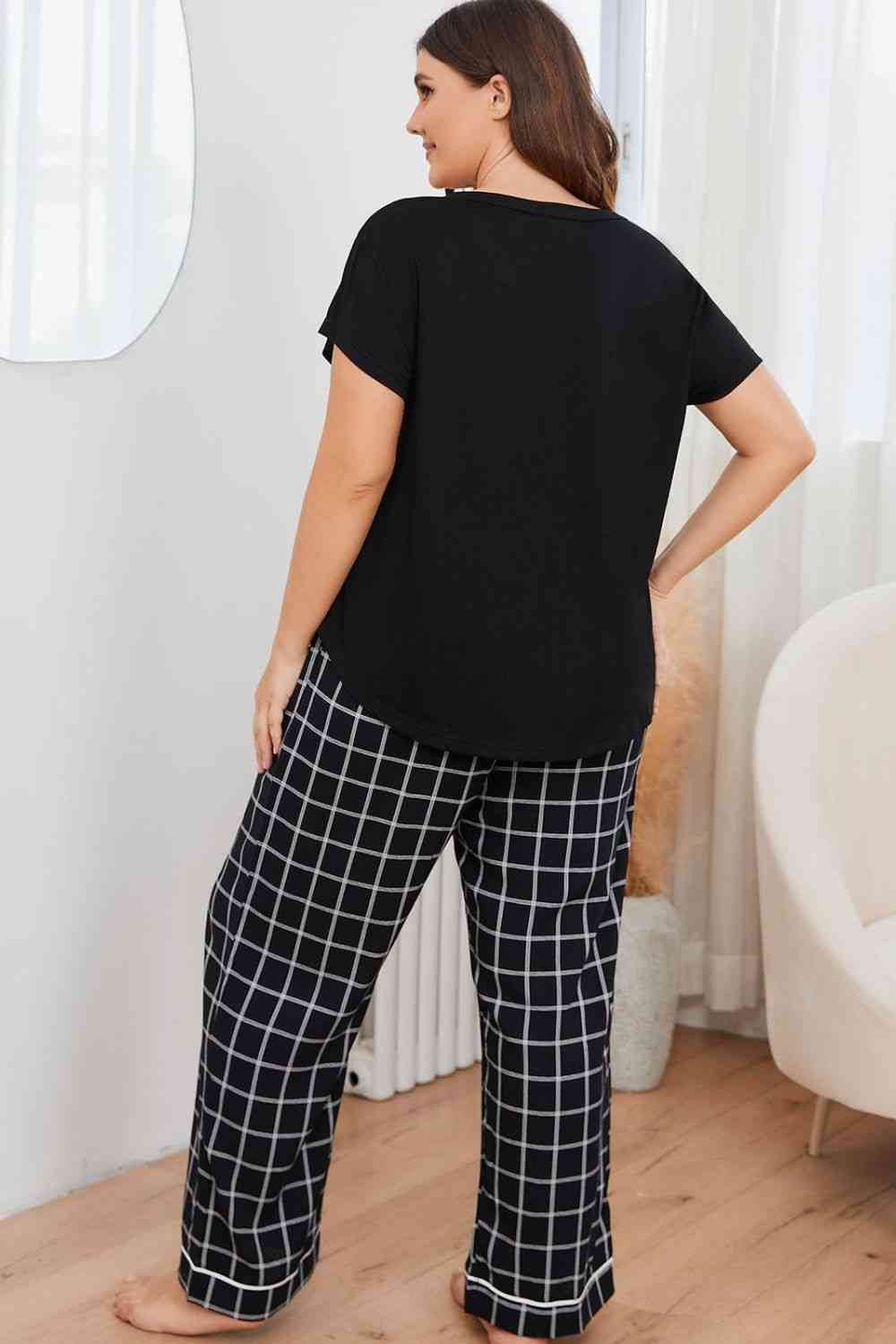 Plus Size V-Neck Top and Plaid Pants Lounge Set for a perfect OOTD – dress to impress outfits from Amexza