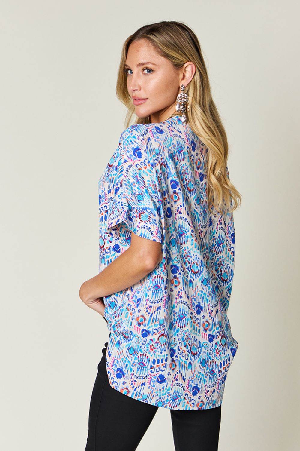 Double Take Full Size Printed V-Neck Short Sleeve Blouse for a perfect OOTD – dress to impress outfits from Amexza