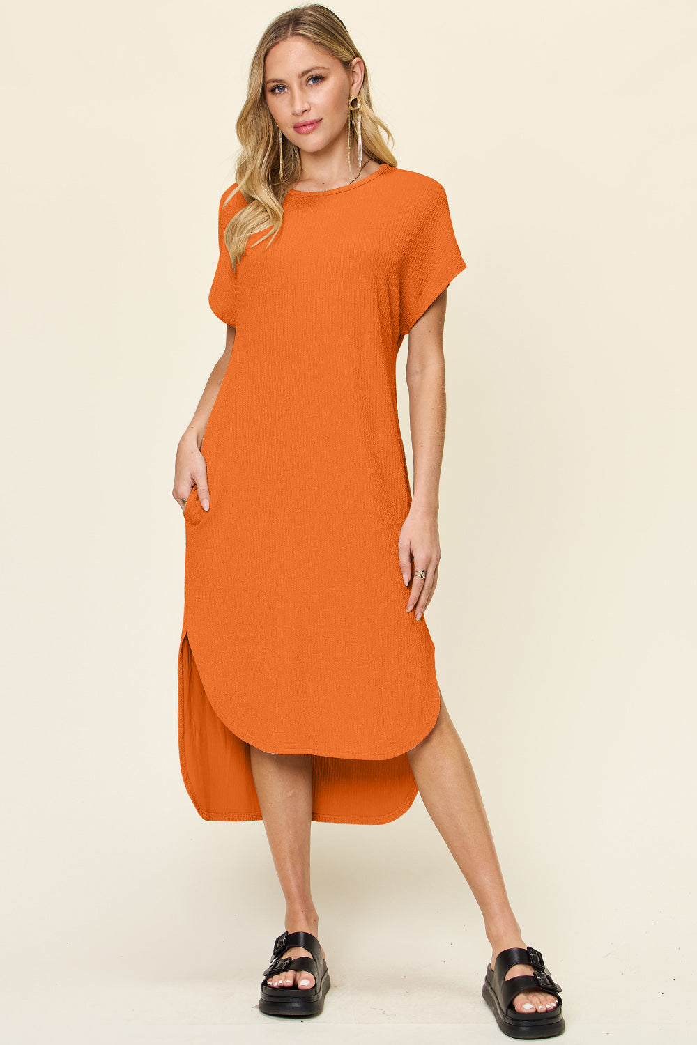 Double Take Full Size Round Neck Short Sleeve Slit Dress - Tangerine / S