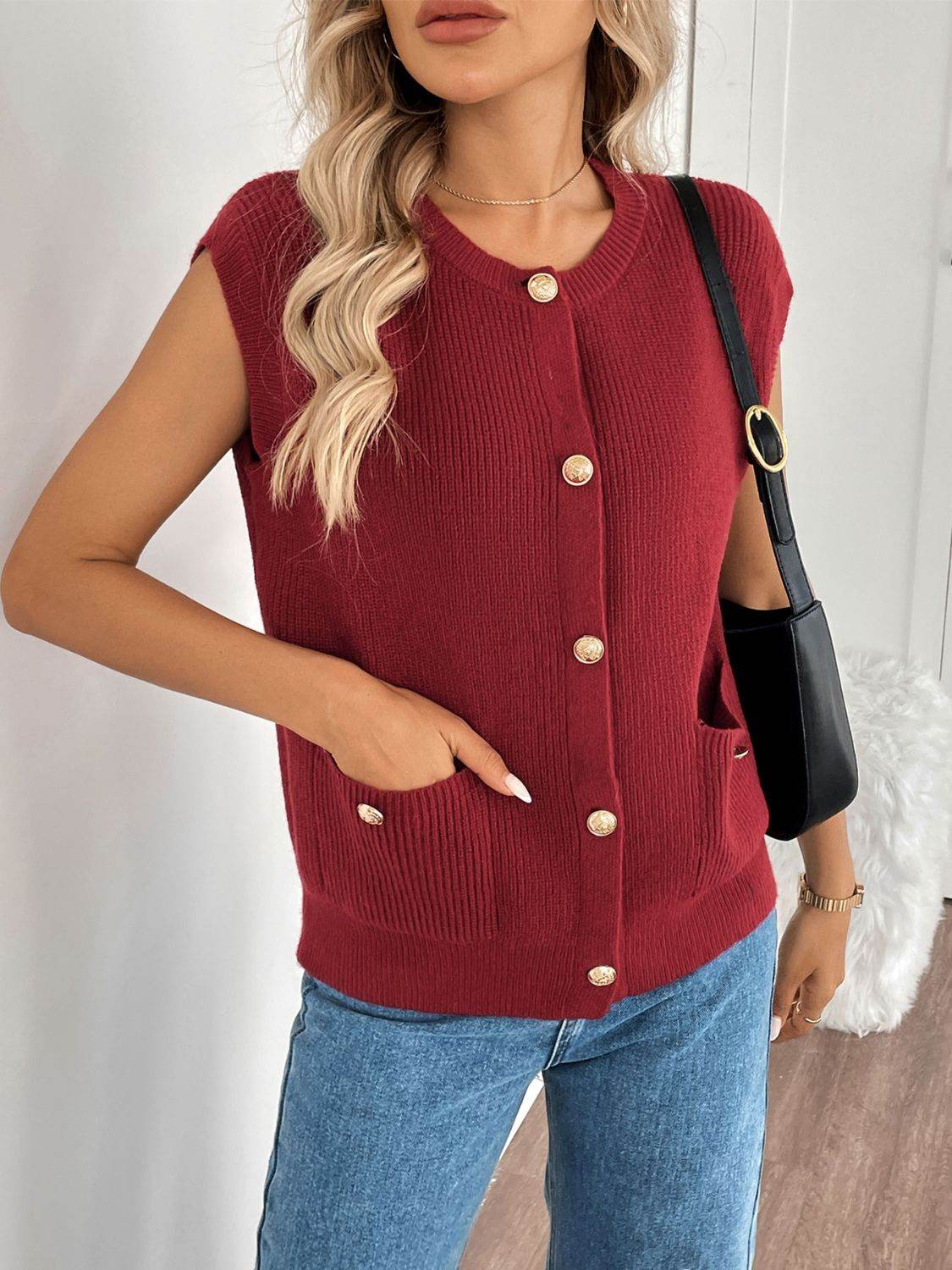 Perfee Pocketed Round Neck Cap Sleeve Cardigan Rust for a perfect OOTD – dress to impress outfits from Amexza