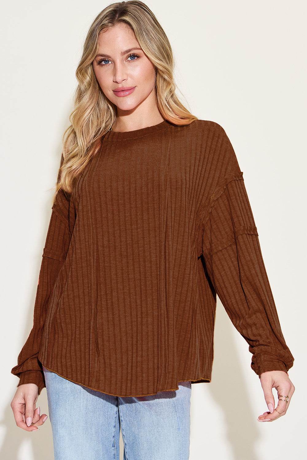 Basic Bae Full Size Ribbed Round Neck Long Sleeve T-Shirt Dark Brown for a perfect OOTD – dress to impress outfits from Amexza