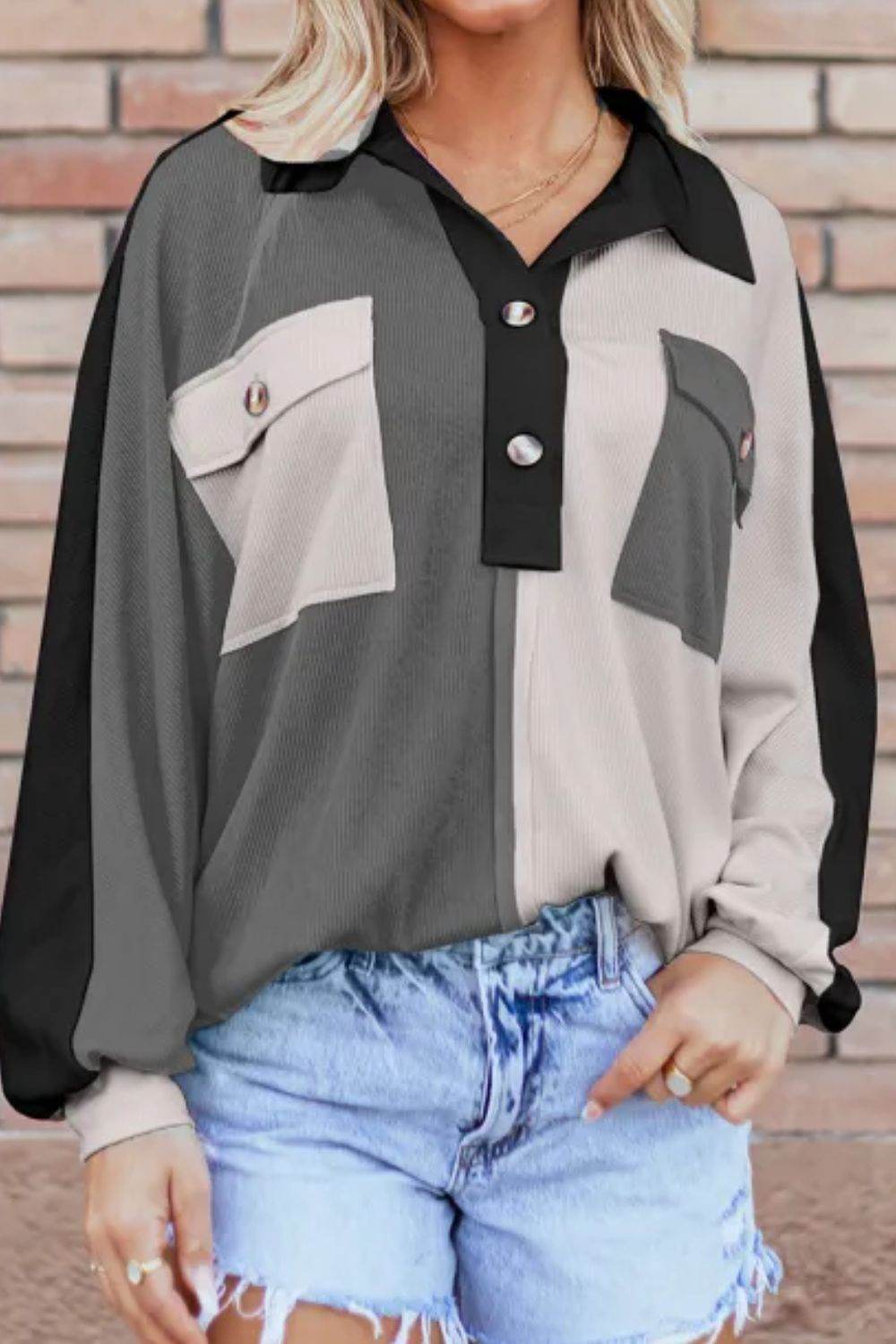 Color Block Collared Neck Long Sleeve Sweatshirt - Amexza