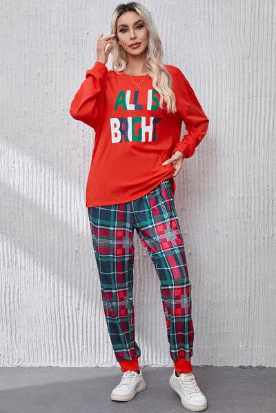 ALL IS BRIGHT Round Neck Top and Plaid Pants Lounge Set Red for a perfect OOTD – dress to impress outfits from Amexza