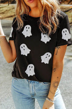 Glitter Ghost Round Neck Short Sleeve T-Shirt - Amexza