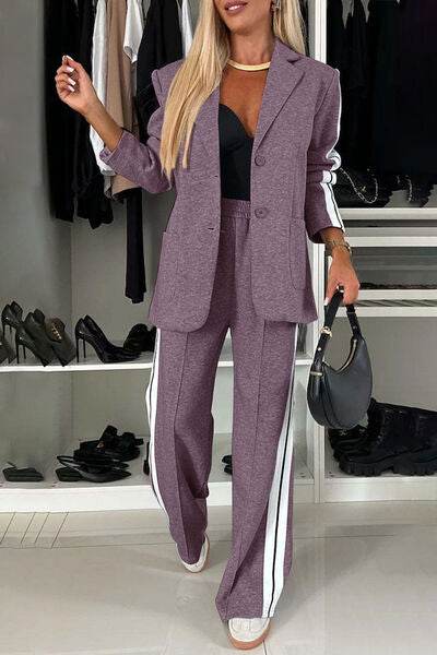 Full Size Contrast Lapel Collar Top and Pants Set Mauve for a perfect OOTD – dress to impress outfits from Amexza