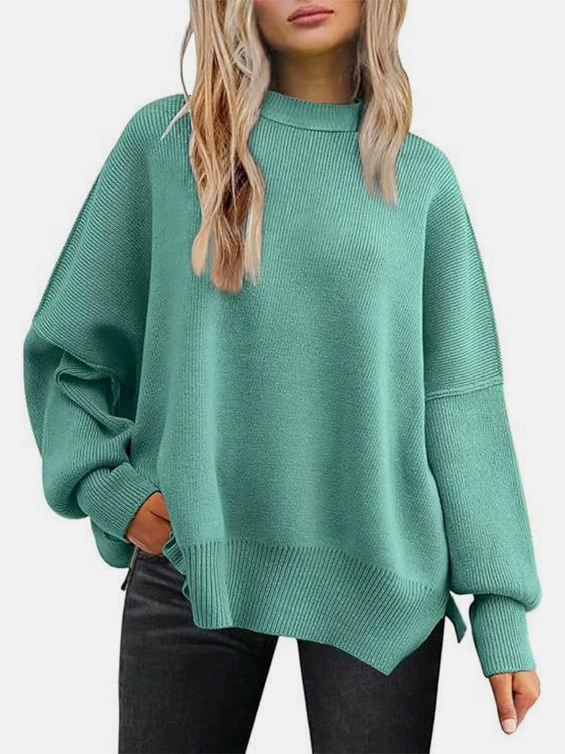 Round Neck Drop Shoulder Slit Sweater Turquoise for a perfect OOTD – dress to impress outfits from Amexza