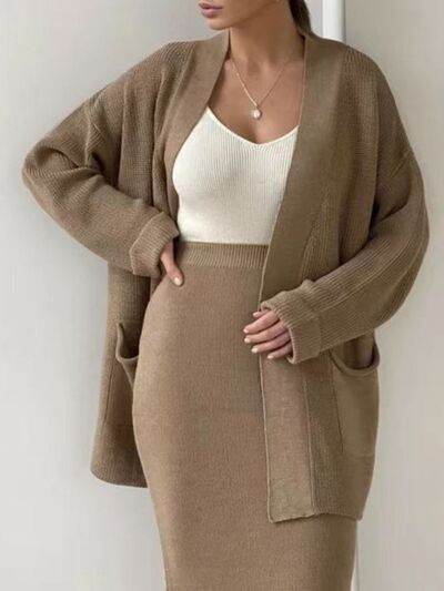 Pocketed Long Sleeve Cardigan and Skirt Sweater Set - Amexza