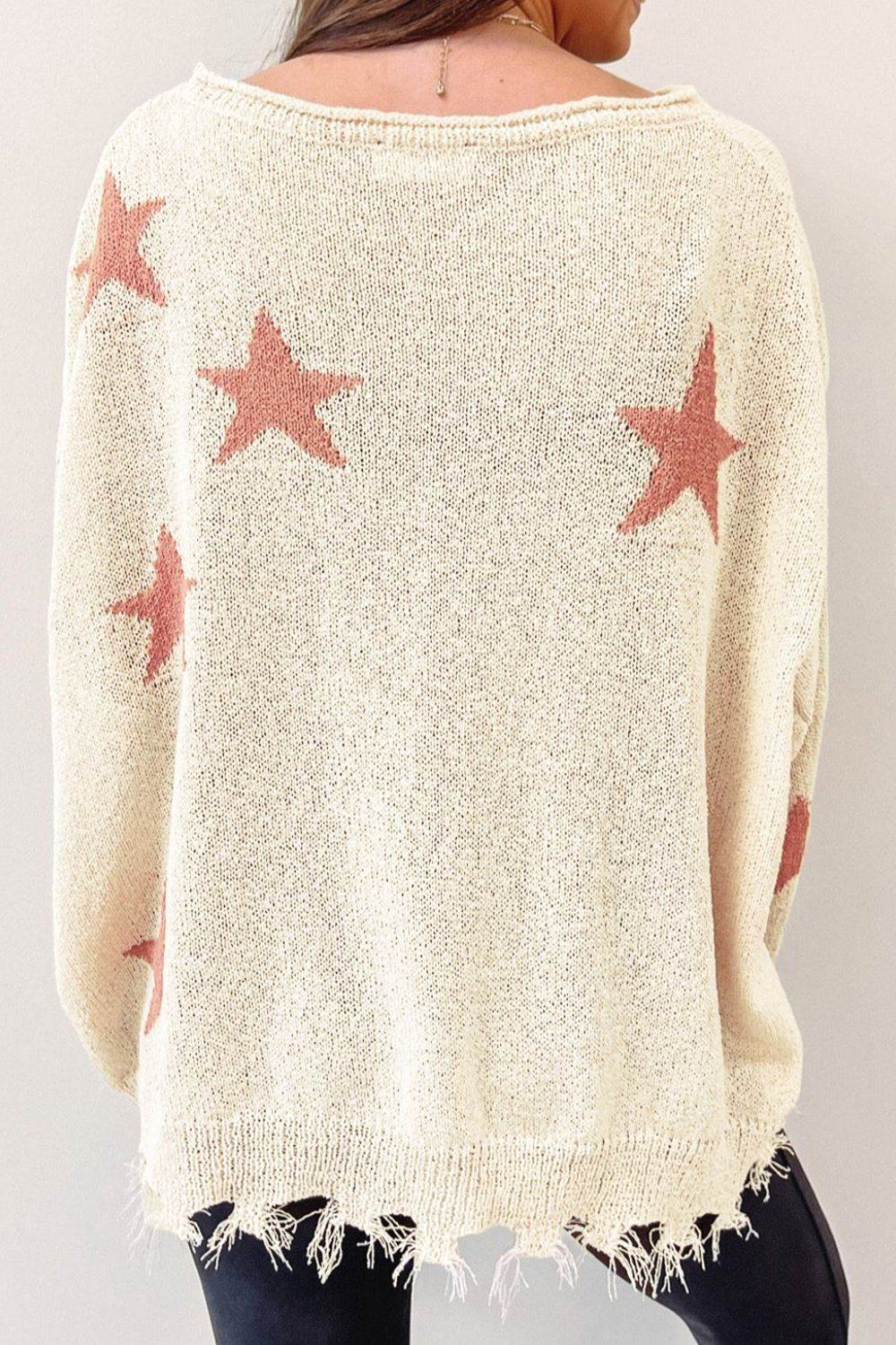 Contrast Star Raw Hem Long Sleeve Knit Top - Amexza