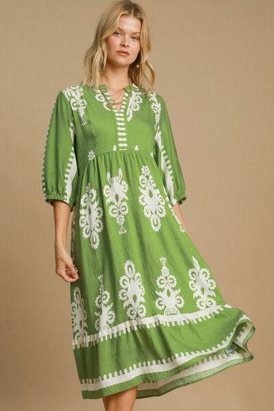 Umgee Printed Notched Midi Dress Lime for a perfect OOTD – dress to impress outfits from Amexza