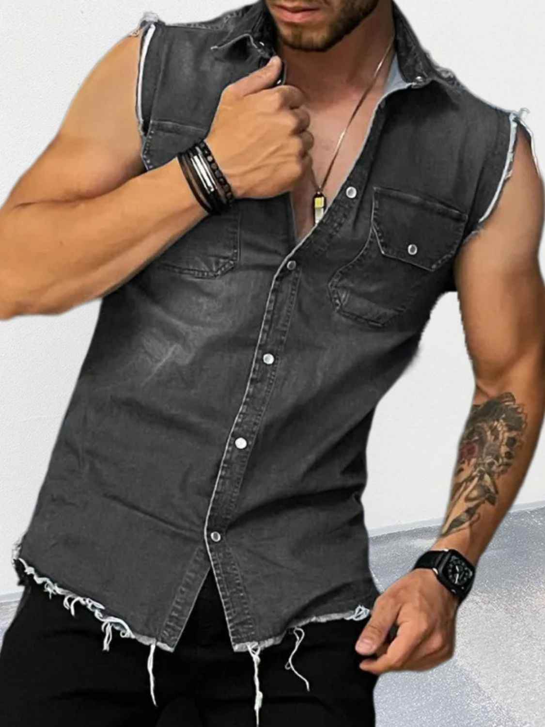 Men's Snap Down Sleeveless Denim Shirt for a perfect OOTD – dress to impress outfits from Amexza