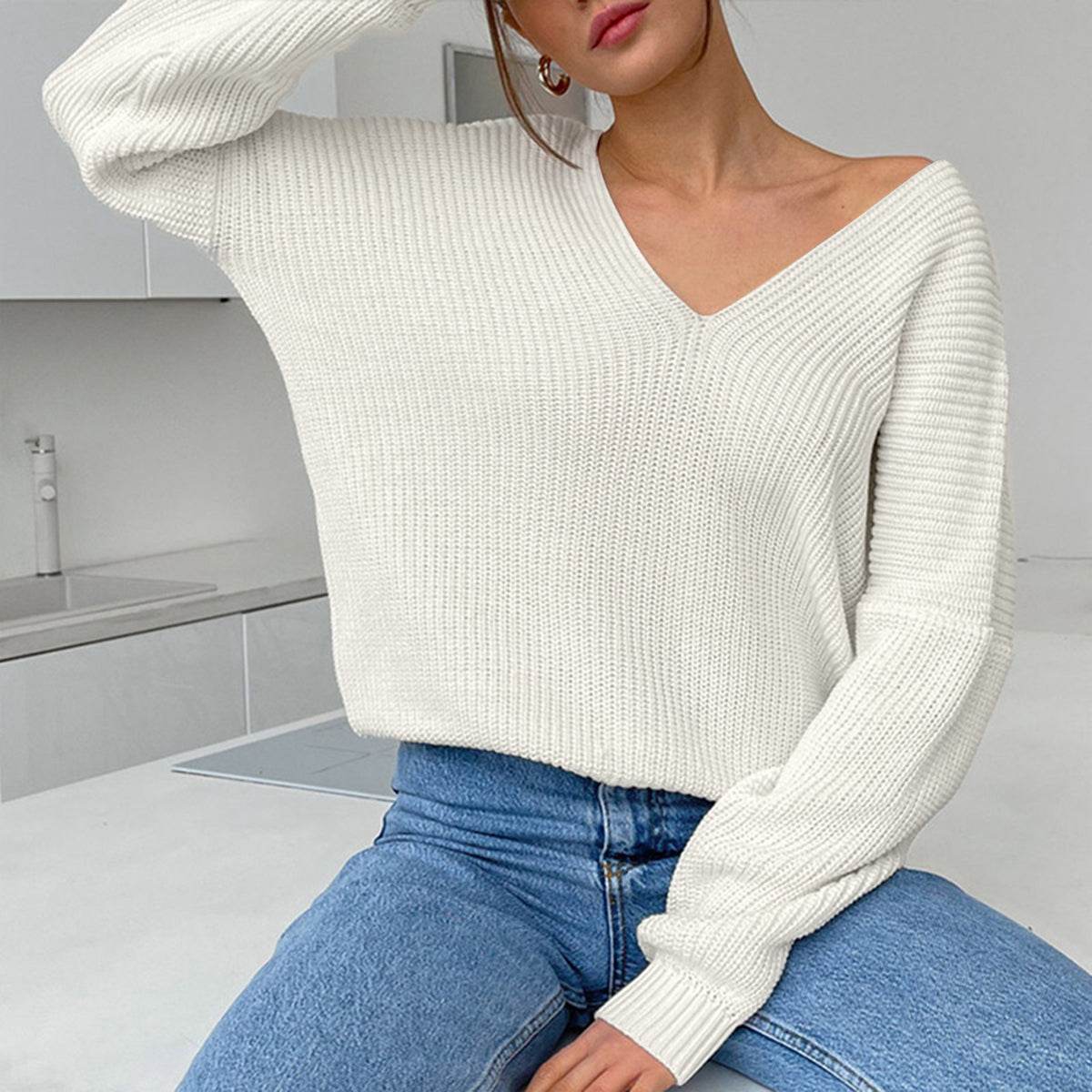 V-Neck Dropped Shoulder Long Sleeve Sweater for a perfect OOTD – dress to impress outfits from Amexza