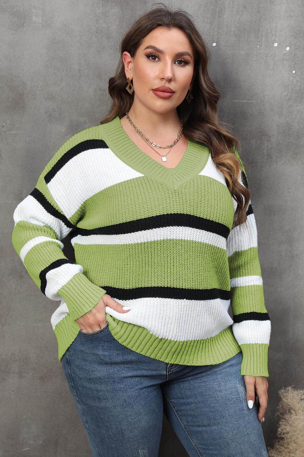 Plus Size Striped V-Neck Dropped Shoulder Sweater Mint Green for a perfect OOTD – dress to impress outfits from Amexza