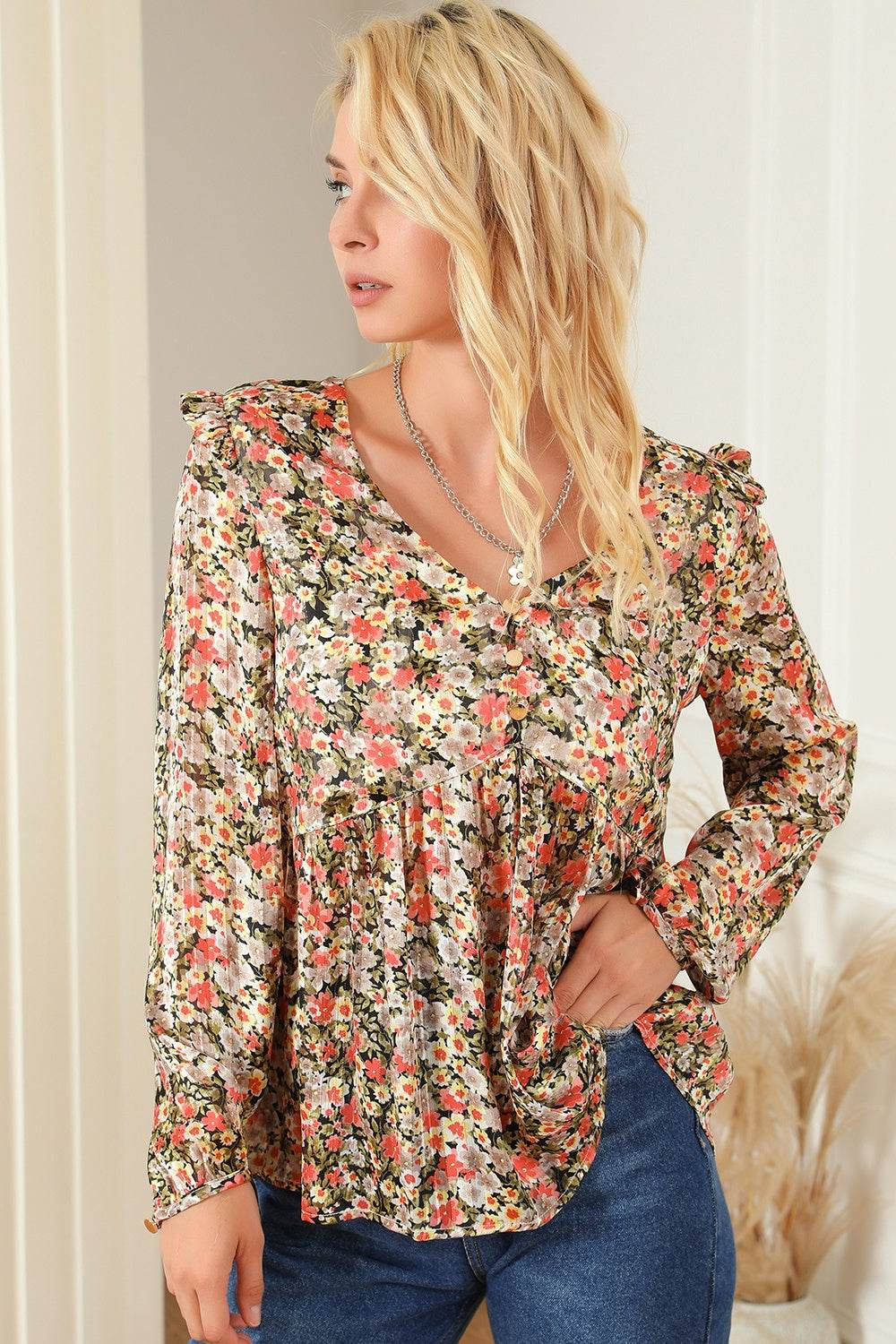 Floral V-Neck Babydoll Blouse for a perfect OOTD – dress to impress outfits from Amexza