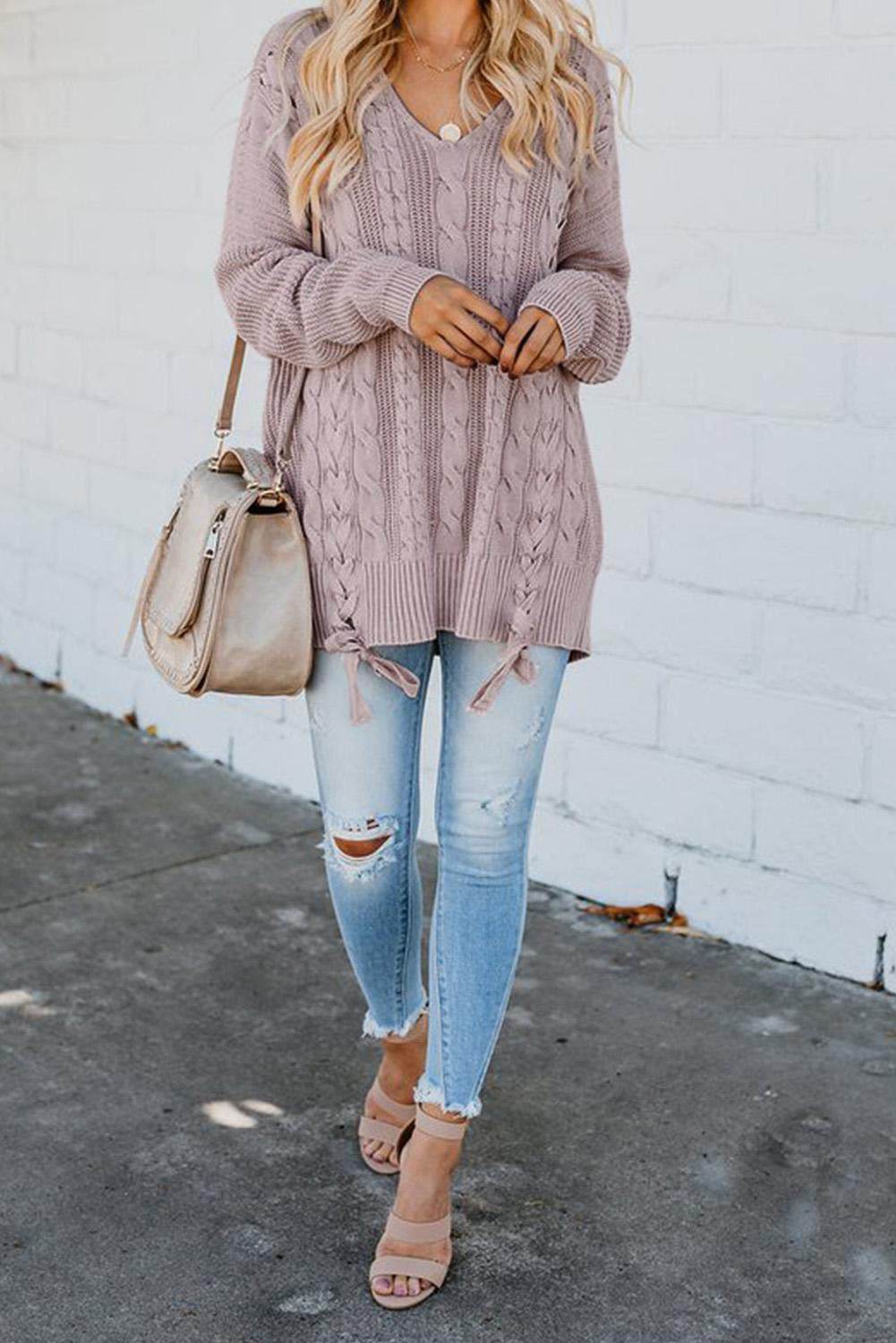 Cable Knit Lace Up V-Neck Sweater for a perfect OOTD – dress to impress outfits from Amexza