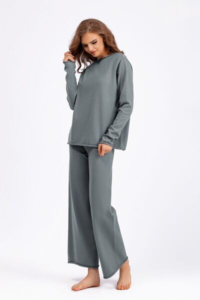 Basic Bae Rolled Round Neck Top and Pants Sweater Set for a perfect OOTD – dress to impress outfits from Amexza