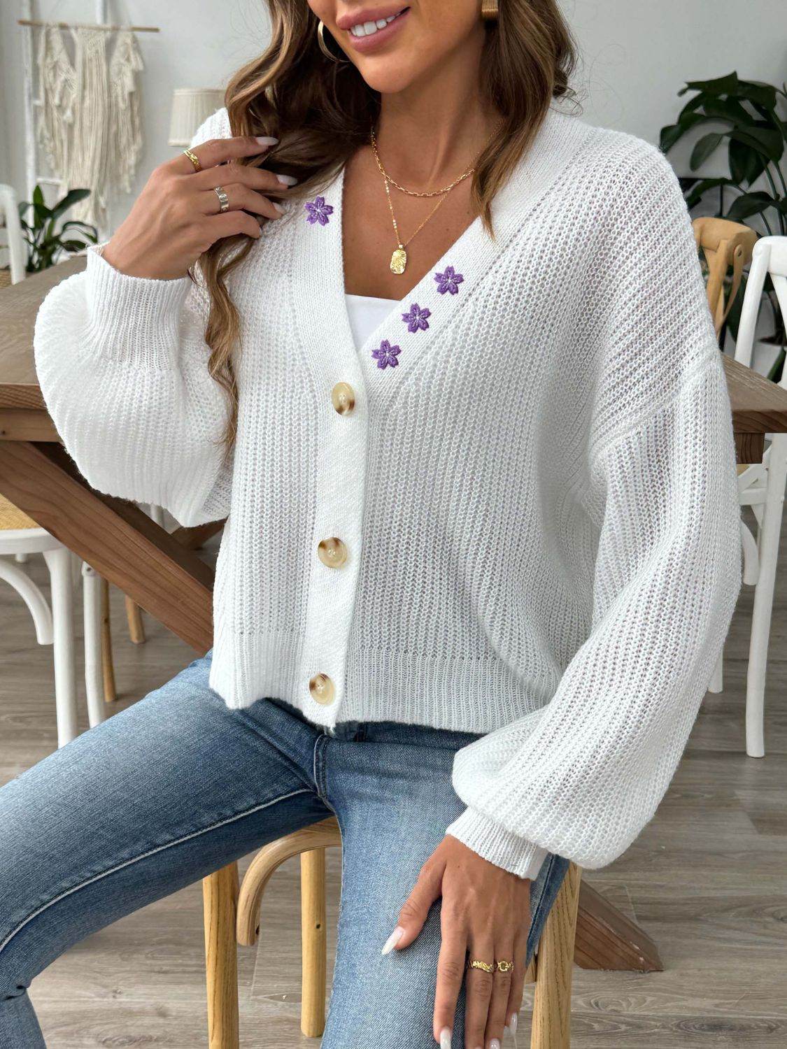 V-Neck Button Up Long Sleeve Cardigan - Amexza